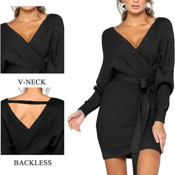Backless Slim Fit Long Sleeve Mock Wrap Grey Surplice Knit Sweater Short Dress S - Picture 1 of 7